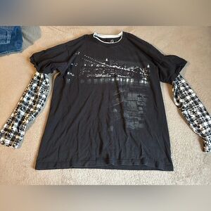 Hurley Black Long Sleeve Tee with Plaid Sleeves